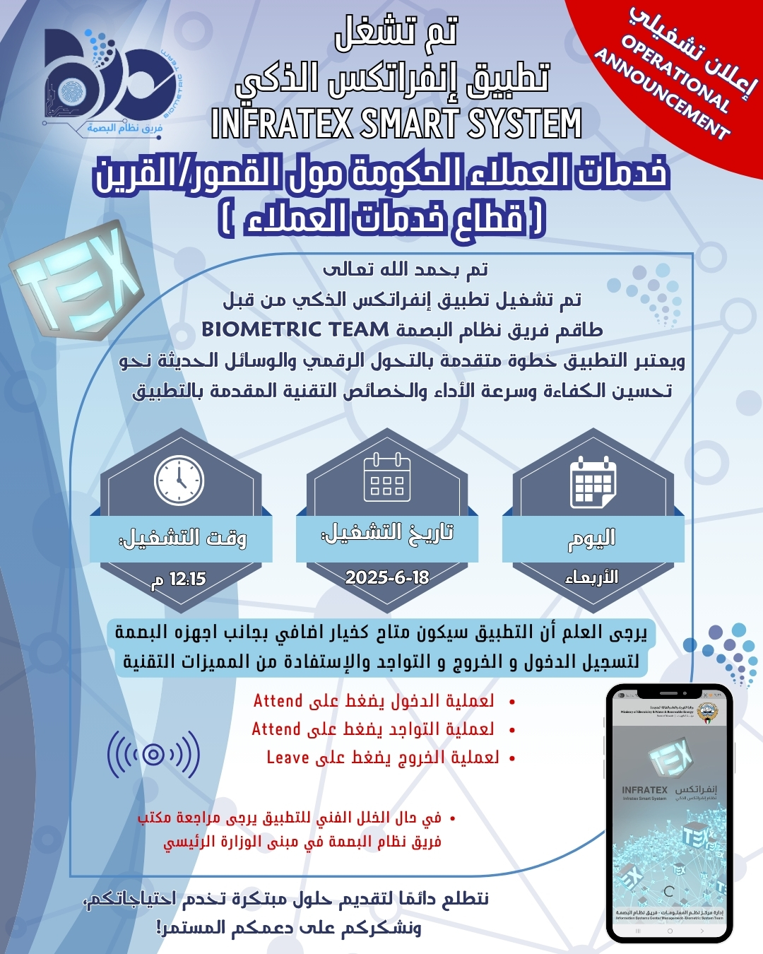 اعلان تشغيلي لتطبيق البصمة الذكي لموقع خدمات العملاء الحكومة مول القصور- القرين قطاع خدمات العملاء 
